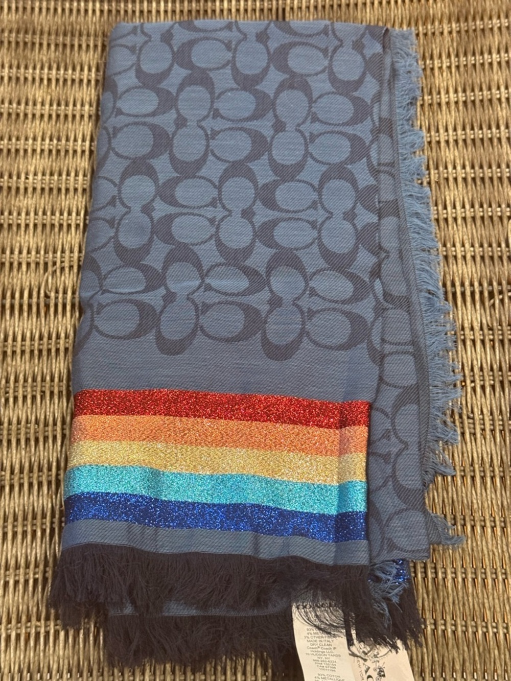BNWT Navy Coach Signature Lurex Oversized Square Scarf Rainbow Metallic Stripes